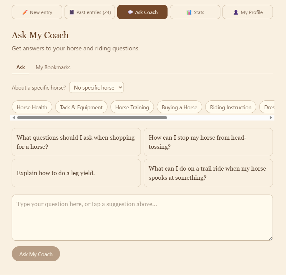 Ask My Coach interface showing category chips and suggested questions.