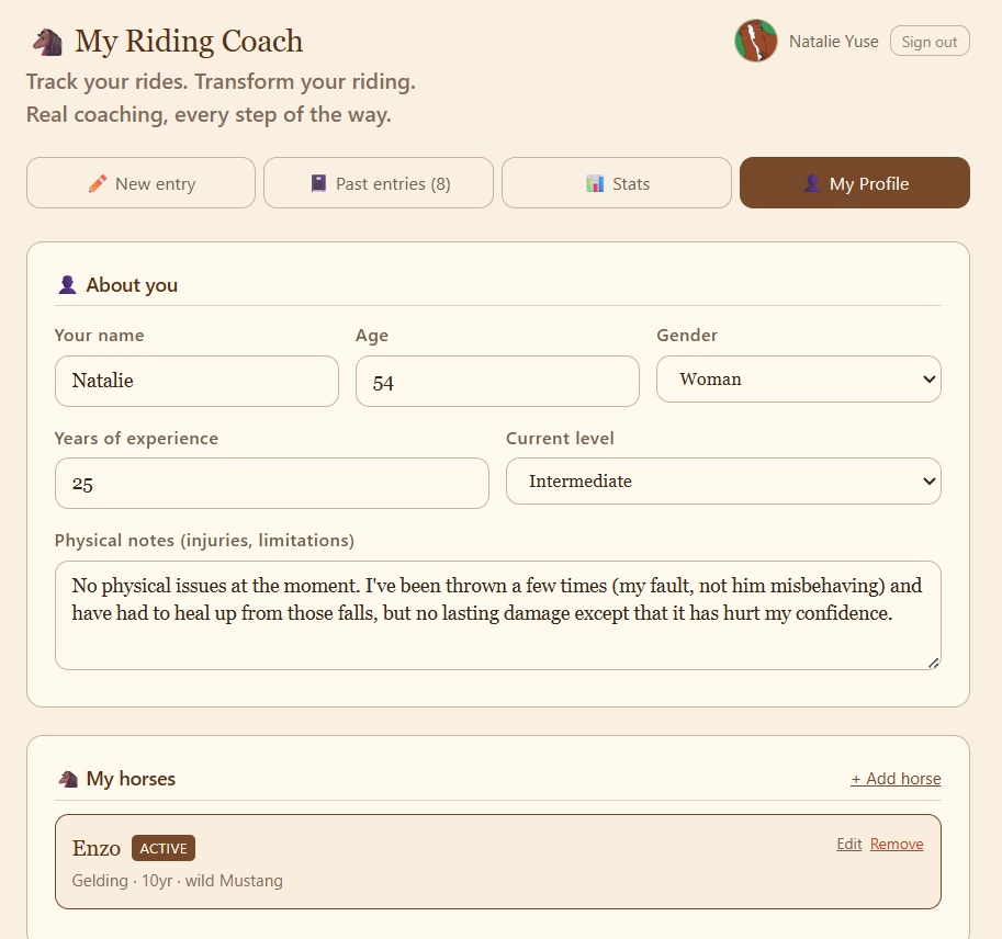 Profile entry where you provide info about you and your horse.