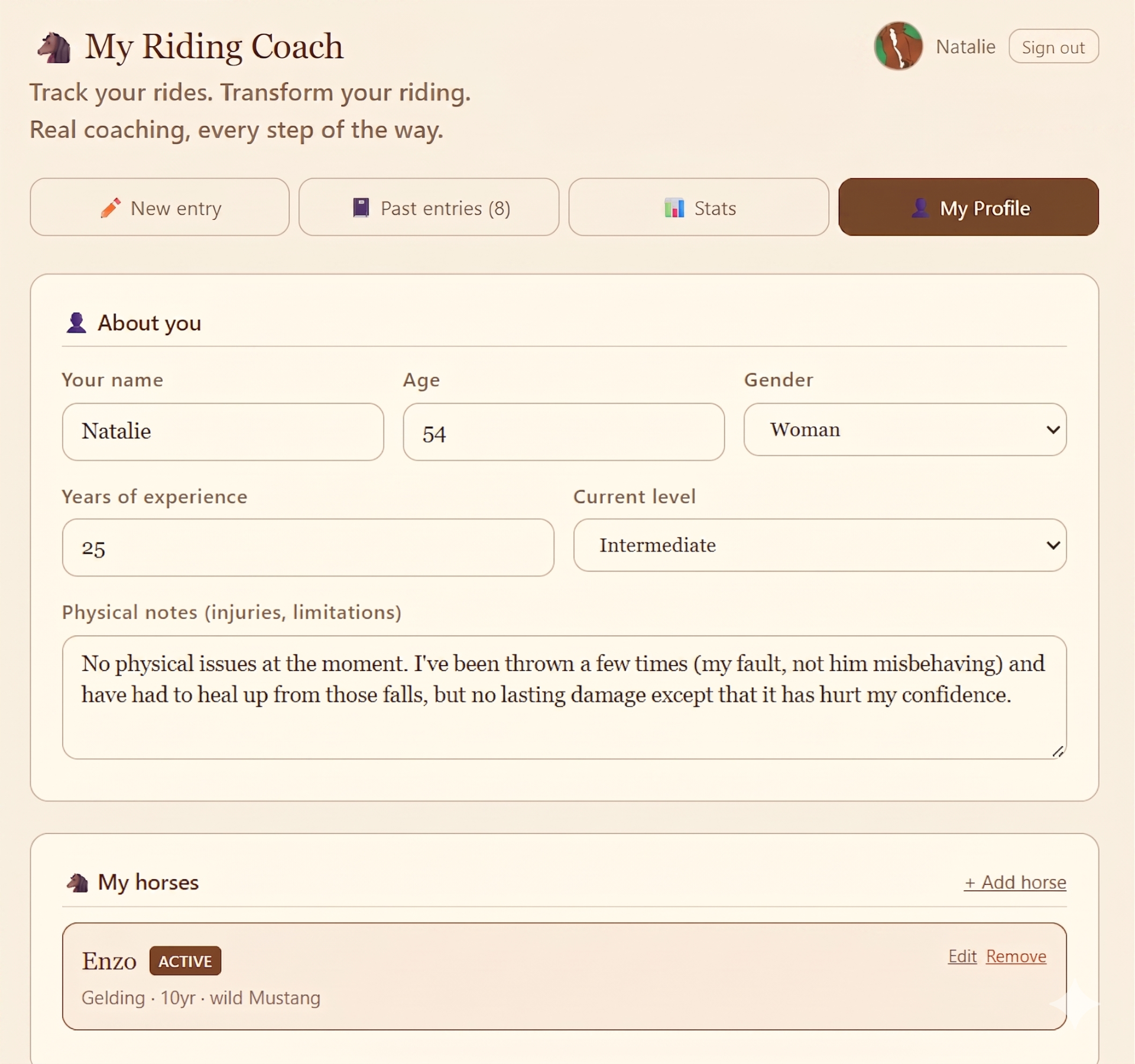 Create Your Profile: This is where you'll enter information about you and your horse. You can set it up for one horse or two.