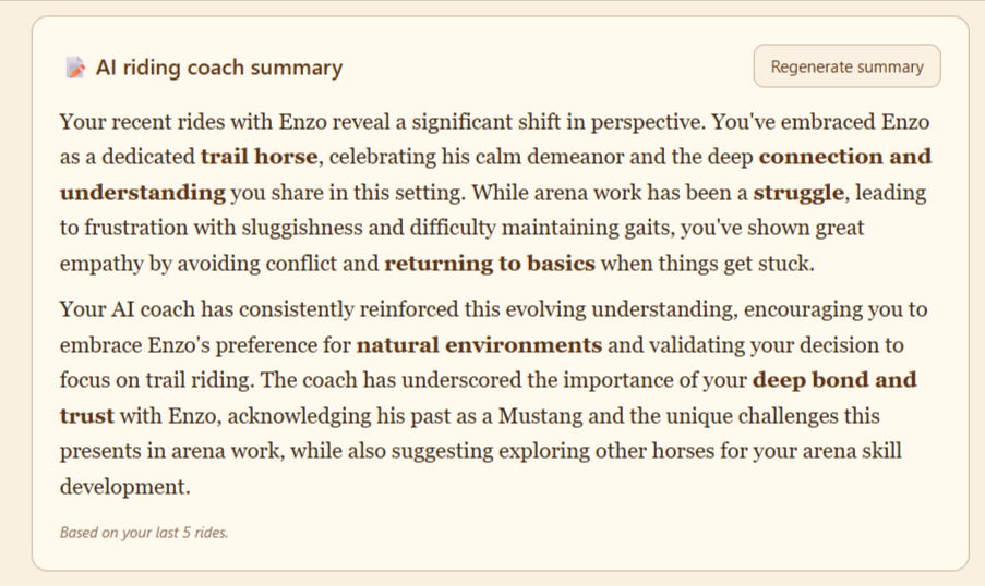 Example AI riding coach summary reflecting on recent rides.